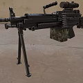Tactical Machine Gun With Tripod Scope Black Body And Camouflage Magazine On Rocky Dirt Ground