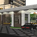 Modern Entrance Gate Between High Rise Buildings With Trees And Green Plants