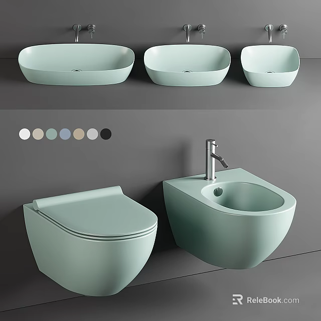 Light Green Wall Mounted Toilet And Bidet With Matching Basin Color Options 3d model 