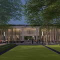 Industrial Factory Building Exterior With Lush Trees Green Lawn People Strolling And Bicycles
