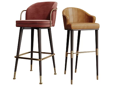 Stylish Red And Brown Leather Bar Stools With Backrest Black Legs And Gold Accents 3d model