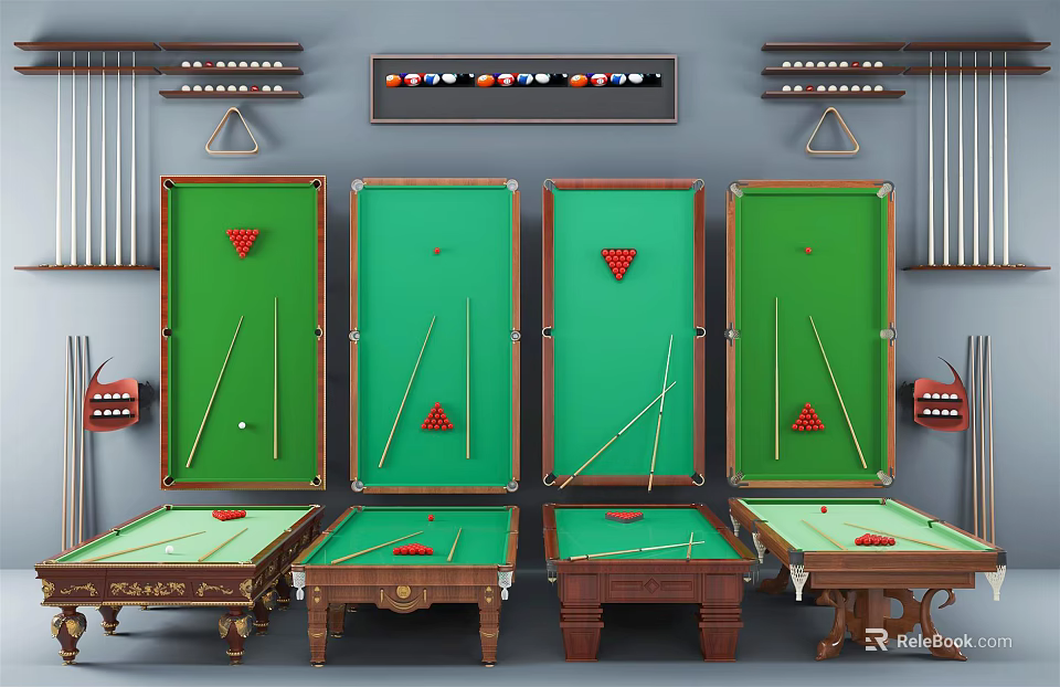 Premium Billiard Sports Equipment Set With Tables Cues Balls And Triangle Racks 3d model 