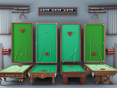 Premium Billiard Sports Equipment Set With Tables Cues Balls And Triangle Racks 3d model