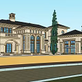 Elegant Single Family Villa Exterior With Dark Roof Red Car Trees and People at Entrance