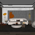 Modern Sofa and Round Coffee Table Set With White Upholstery Art Decor and Floor Lamp