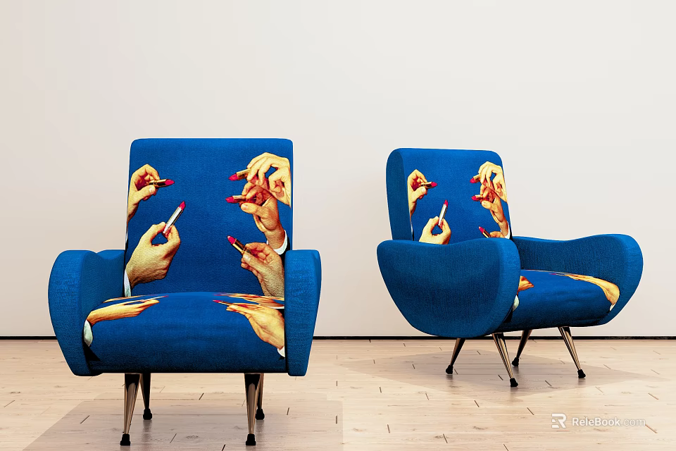 Blue Single Sofa with Hand Pattern Red Nails and Cigarette Design 3d model 