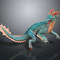 3D Dragon Figure With Teal Orange Scales Red Horns Open Mouth Spiked Tail