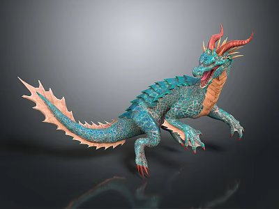3D Dragon Figure With Teal Orange Scales Red Horns Open Mouth Spiked Tail 3d model
