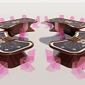Modern Set of Wooden Entertainment Tables with Board Game Layout and Pink Chairs