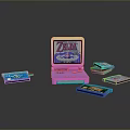 Pink And Teal Foldable Handheld Computer With Black Screen And Colorful Cartridges