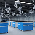 Large Laboratory Interior With Blue White Cabinets Metal Shelves Strip Lights And Bright White Tiled Floor