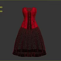 Elegant Red Corset Dress With Black Patterned Skirt And Lace Up Design