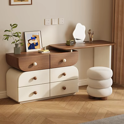 Modern White and Wooden Dressing Table with Drawers Mirror and White Layered Stool 3d model