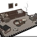 Modern Brown Leather Sofa And Coffee Table Set With Pillows Throw Blanket And Area Rug