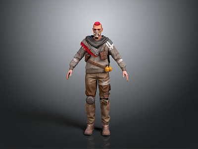 Adventurer Character With Red Hair Scarf And Patched Outfit Near Wilderness Creatures 3d model
