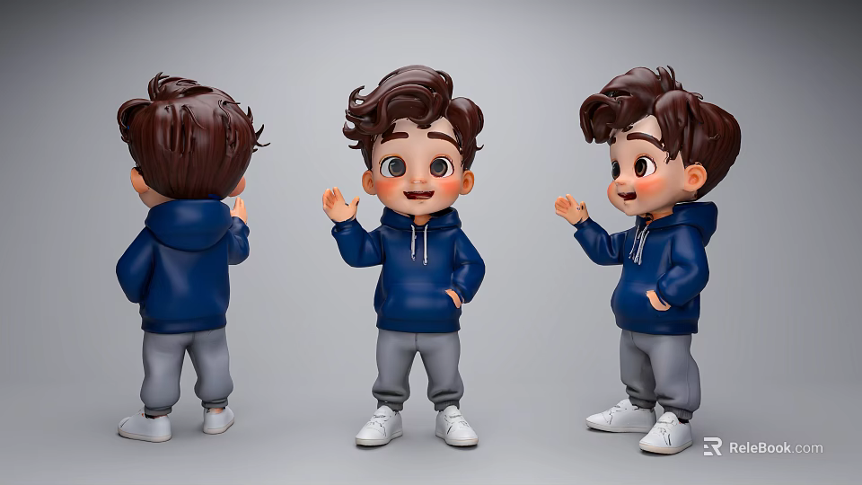 Cartoon Style Game Movie Character Boy Wearing Blue Hoodie Gray Pants White Shoes Three Angles 3d model 