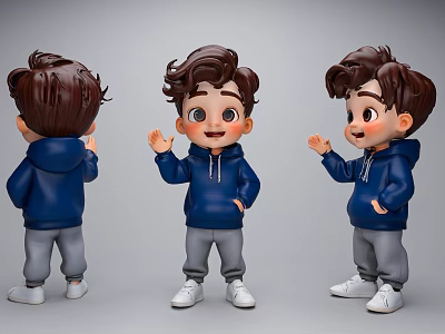 Cartoon Style Game Movie Character Boy Wearing Blue Hoodie Gray Pants White Shoes Three Angles 3d model