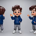 Cartoon Style Game Movie Character Boy Wearing Blue Hoodie Gray Pants White Shoes Three Angles