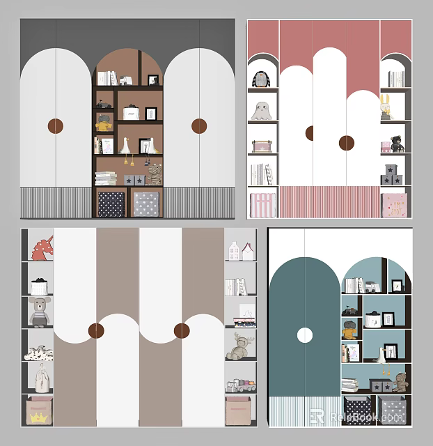 Various Stylish Decorative Cabinets With Arched Doors And Colorful Decor Items 3d model 