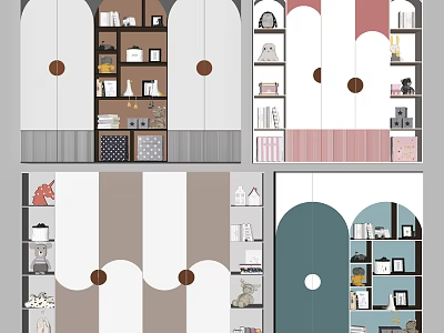 Various Stylish Decorative Cabinets With Arched Doors And Colorful Decor Items 3d model