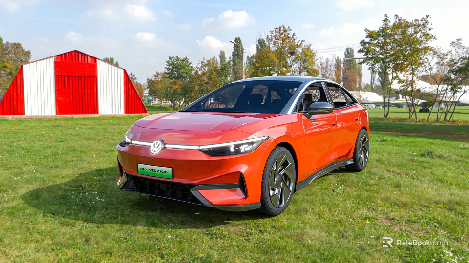 Volkswagen Electric Car Parked On Grass Near Red Barn And Trees 3d model 