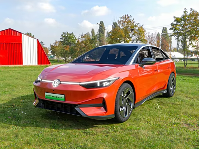Volkswagen Electric Car Parked On Grass Near Red Barn And Trees 3d model