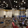 Modern Bar Interior Design With Open Layout Colorful Chairs Art Mural Chandeliers And Marble Tabletops