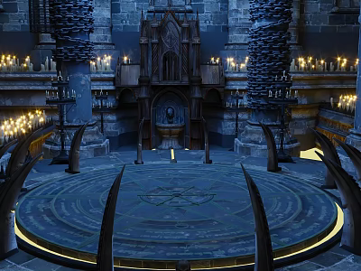 Ancient Hall With Circular Platform Intricate Patterns Carved Pillars And Lit Candles 3d model
