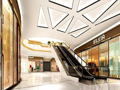 Modern Shopping Mall Store Interior With Geometric Ceiling Escalators And Glass Storefronts 3d model