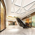 Modern Shopping Mall Store Interior With Geometric Ceiling Escalators And Glass Storefronts