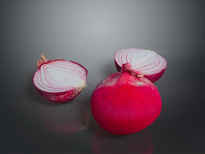 Fresh Vibrant Red Onion With Sliced Halves On Gray Background 3d model