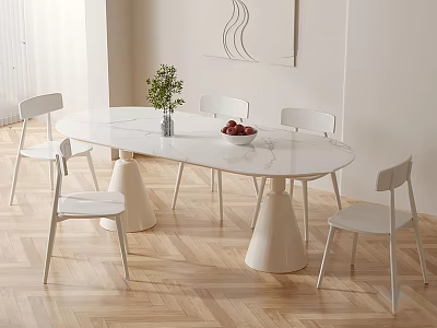 Minimalist Dining Table Set With Oval White Marble Top White Chairs Green Plant And Fruit Bowl 3d model