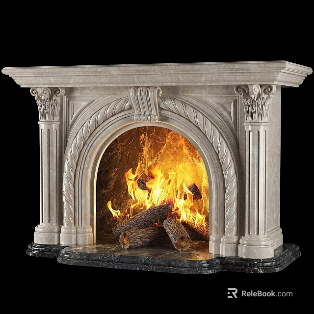 Elegant Ornate Marble Fireplace with Arched Design Burning Logs and Flames 3d model 