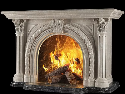 Elegant Ornate Marble Fireplace with Arched Design Burning Logs and Flames 3d model