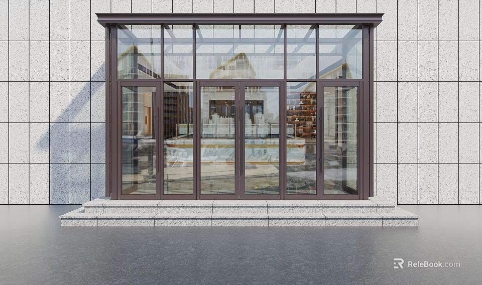 Modern Glass Casement Doors With Dark Frame At Building Entrance Gray Wall 3d model 