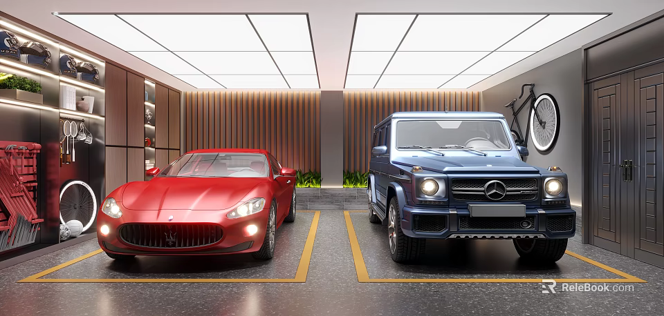 Modern Parking Lot Interior With Red Sports Car And Blue SUV Under Bright Lighting 3d model 
