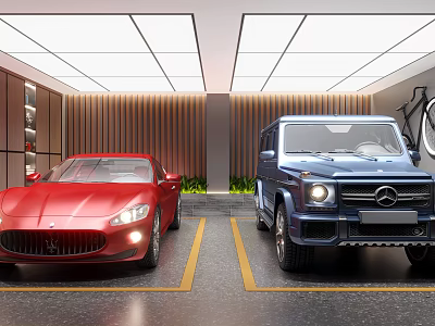 Modern Parking Lot Interior With Red Sports Car And Blue SUV Under Bright Lighting 3d model