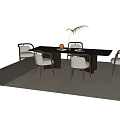 Modern Dining Table Set With Six Upholstered Chairs And Decorative Plant 3d model
