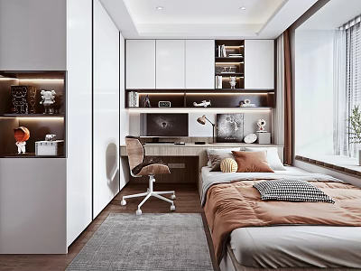 Modern Tatami Bedroom Interior Design With Tatami Bed Desk Chair And White Cabinets 3d model