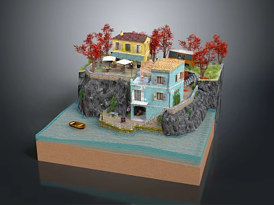 Detached Villa On Cliff With Red Trees Terrace Water And Small Boat 3d model