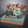 Detached Villa On Cliff With Red Trees Terrace Water And Small Boat
