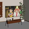 Modern Television On Wooden Stand With Green Plant And Bookshelf In Living Room