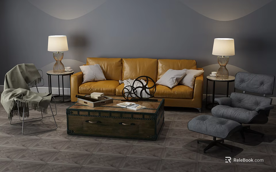 Yellow Leather Sofa And Wooden Coffee Table Set With Light Cushions Globe Decor Side Lamps 3d model 