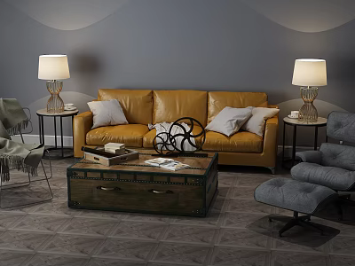 Yellow Leather Sofa And Wooden Coffee Table Set With Light Cushions Globe Decor Side Lamps 3d model