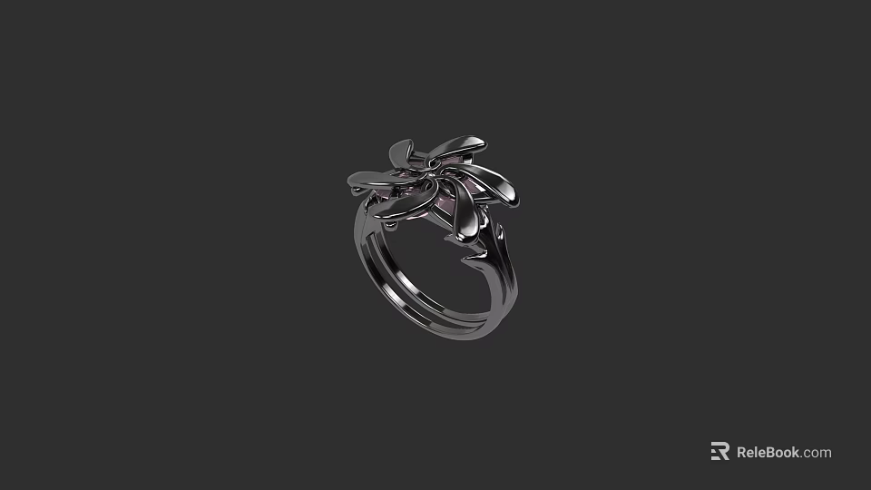 Elegant Floral Design Ring With Intricate Metallic Petals And Central Stone 3d model 
