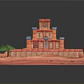 Cartoon Style Ancient Temple Scene Featuring Red Steps Blue Decorations And Palm Trees