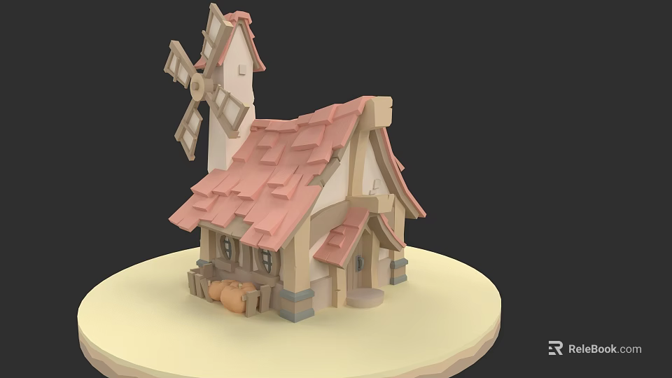 Whimsical Garden Landscape Featuring Cute Stylized Cartoon Windmill Cottage For Warm Rustic Pastoral Design 3d model 