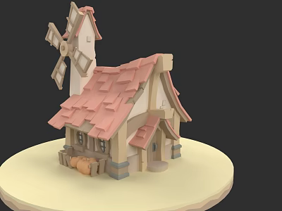 Whimsical Garden Landscape Featuring Cute Stylized Cartoon Windmill Cottage For Warm Rustic Pastoral Design 3d model