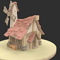 Whimsical Garden Landscape Featuring Cute Stylized Cartoon Windmill Cottage For Warm Rustic Pastoral Design