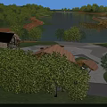 Modern Lakeside Garden Landscape With Wooden Recreational Buildings And Timber Walkways Surrounded By Lush Greenery